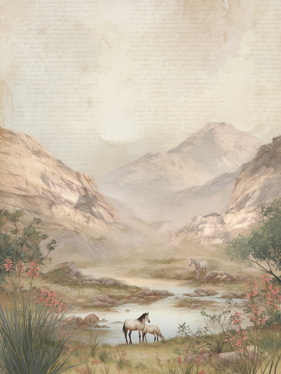 A peaceful landscape featuring three horses near a gently flowing river surrounded by rocky mountains and flowering plants under a misty sky with faded script text in the background.