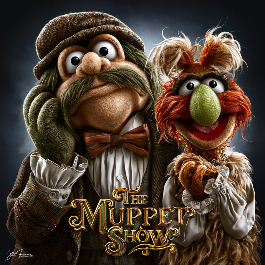 Two Muppet characters with distinct colorful fur and large expressive eyes, wearing vintage-style clothing, set against a dark background.