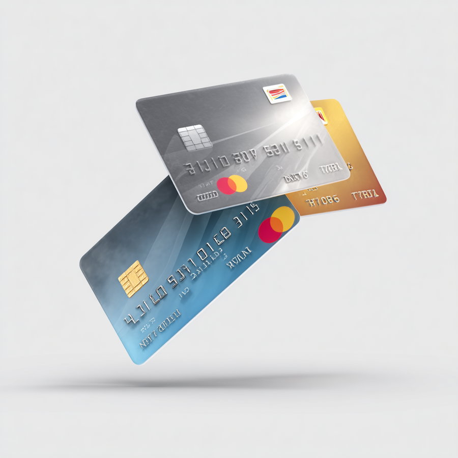Three credit cards - one silver, one gold, and one blue - floating against a plain light gray background, showing embossed numbers, credit chip, and Mastercard logo
