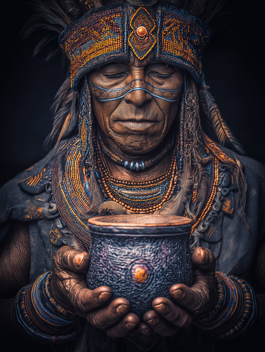 Close-up of an elderly person with intricate face paint and traditional beaded headdress holding a textured ceremonial cup with both hands