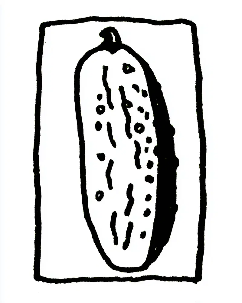 Minimalist Black and White Line Drawing of a Pickle on White Background
