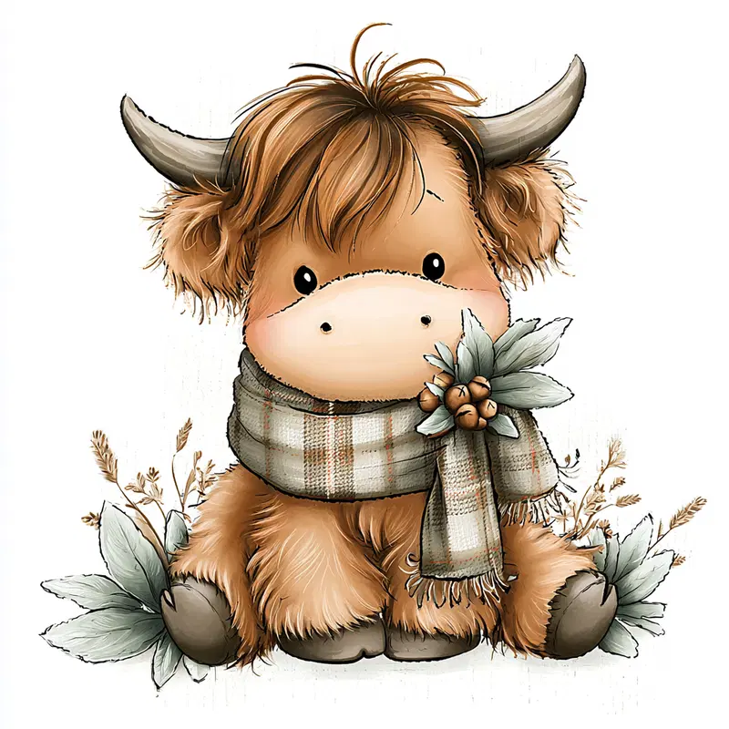 Adorable fluffy Highland cow illustration with scarf and autumn leaves