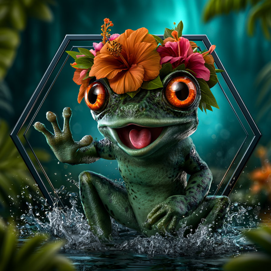 A cute green frog with large orange eyes wearing a crown of orange and pink flowers, splashing in shallow water with a dark green and teal background.