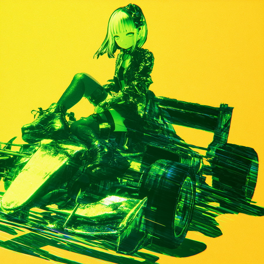 A digital illustration featuring a female character with short hair and a futuristic outfit sitting on a race car against a bright yellow background, with a green and glitch effect overlay.