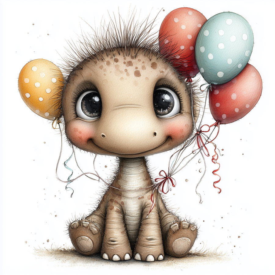 Illustration of a cute baby animal with big eyes and fluffy hair holding five colorful polka dot balloons, sitting down on a white background