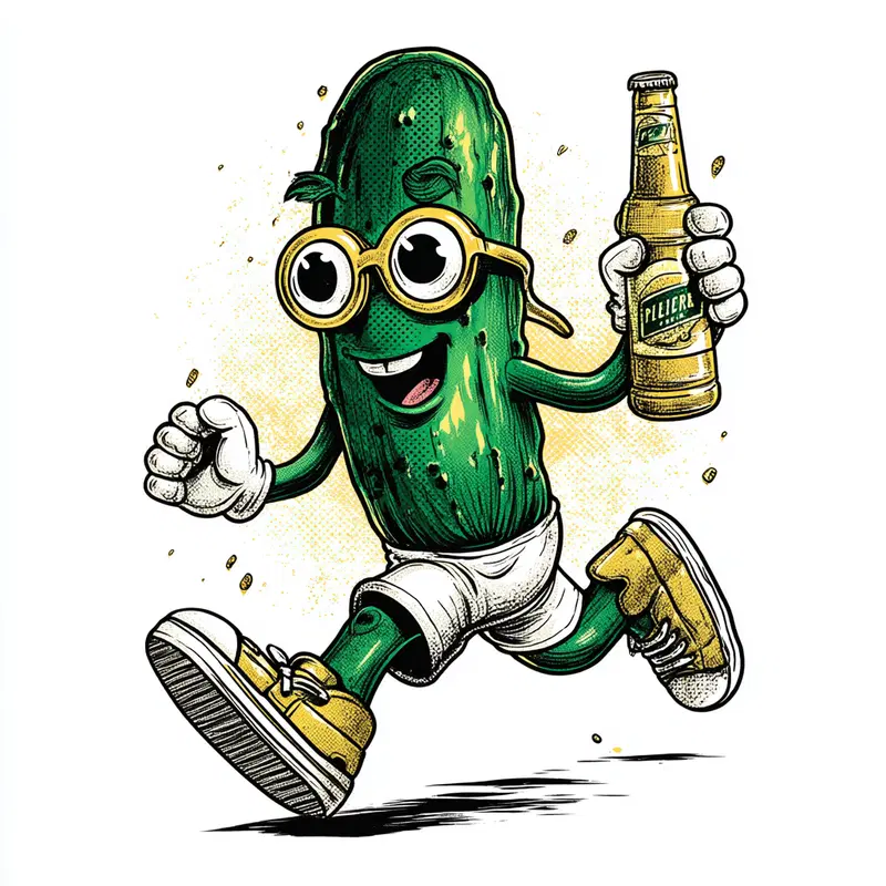 Playful and colorful cartoon illustration of a walking pickle character with glasses holding a bottled drink