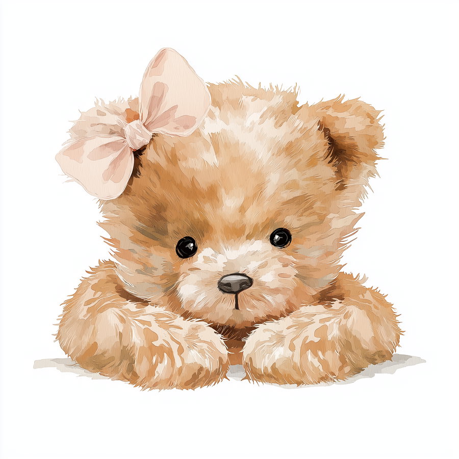 Digital illustration of a fluffy light brown teddy bear with big black eyes and a pink bow on its head, resting its paws forward on a white background