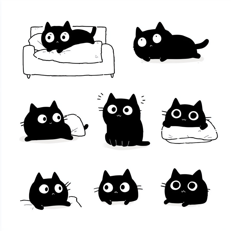 Nine cartoon-style black cats with big eyes in different playful and curious poses on a white background