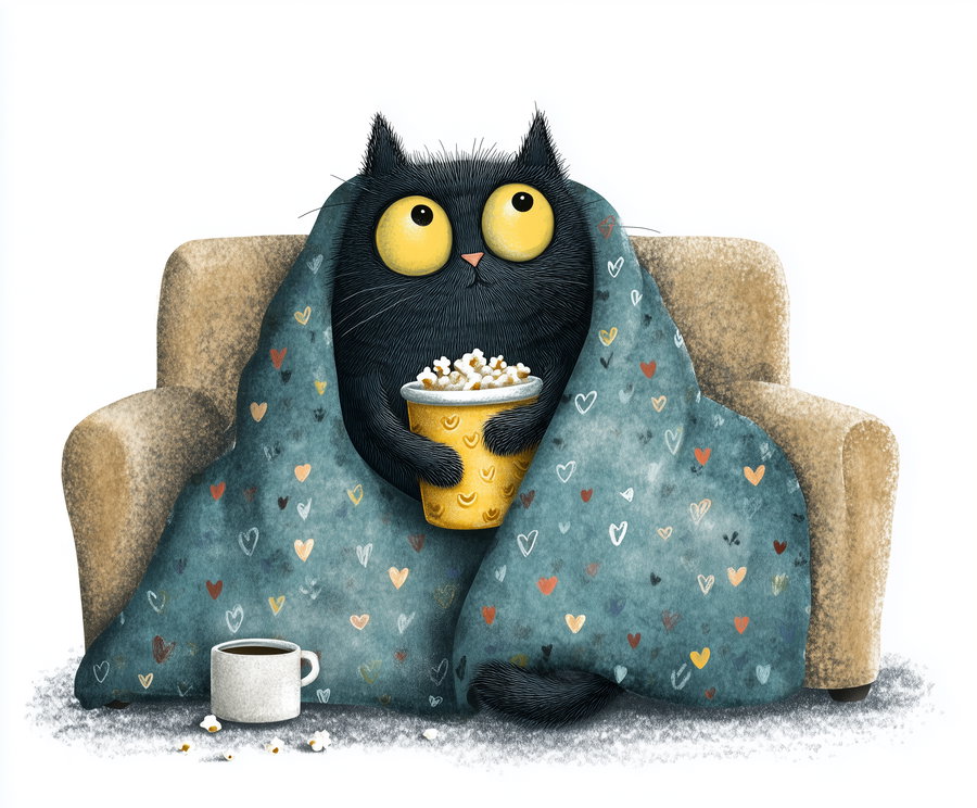 Illustration of a black cat with large yellow eyes sitting on a couch, wrapped in a blue blanket with colorful heart patterns, holding a bowl of popcorn, with a cup of coffee on the floor