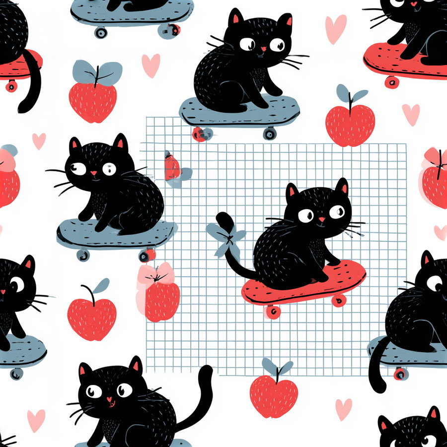 Pattern featuring black cats sitting and riding on skateboards, surrounded by red apples, small pink hearts, and blue butterflies on a white background with grid lines.