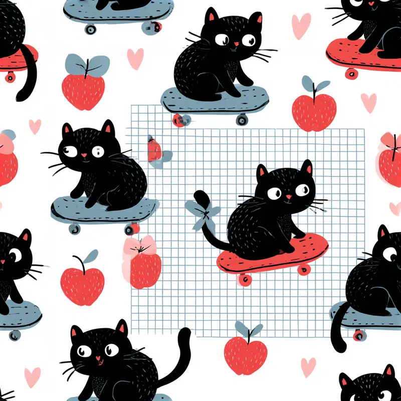 Whimsical pattern of black cats on skateboards with red apples and hearts