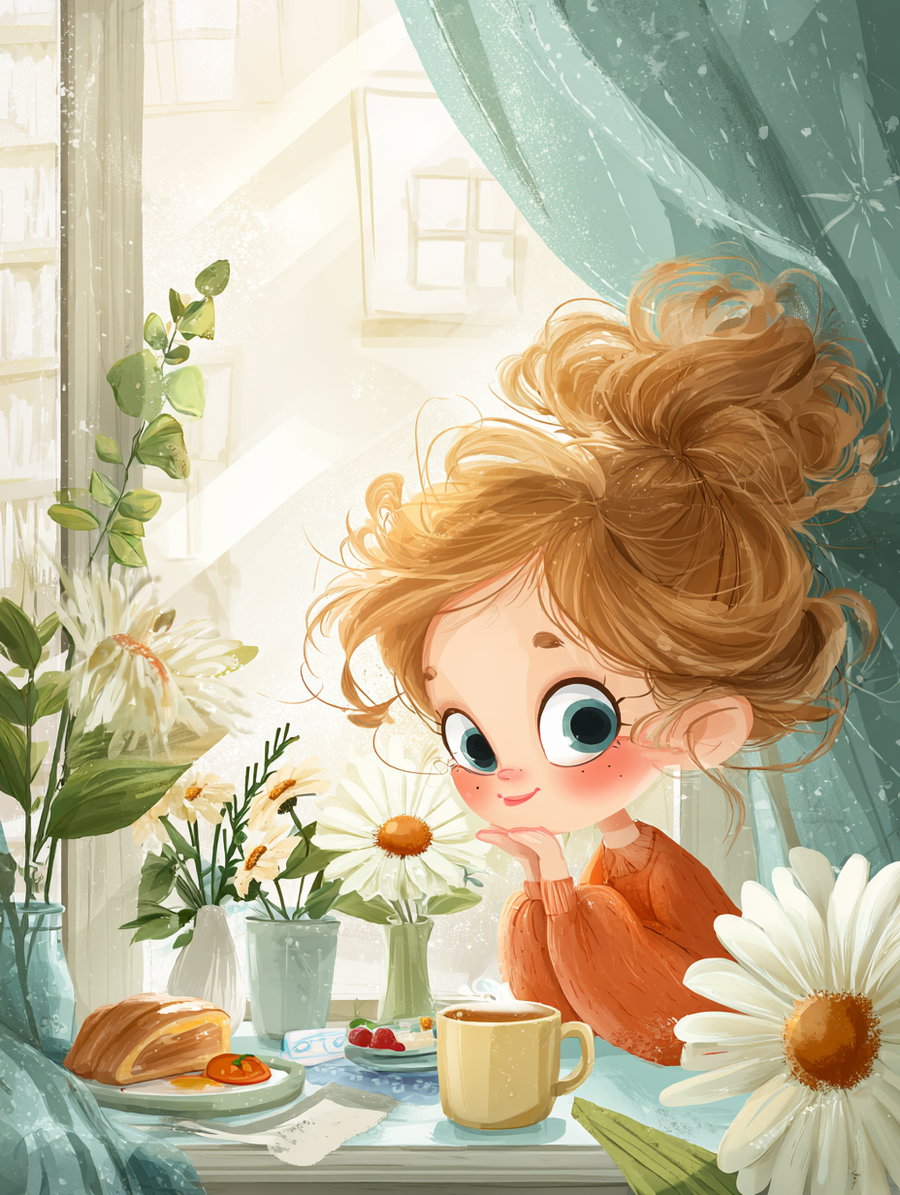 Illustration of a girl with large eyes and messy hair in an orange sweater sitting at a table with coffee, bread, dessert, and vases of white flowers near a window