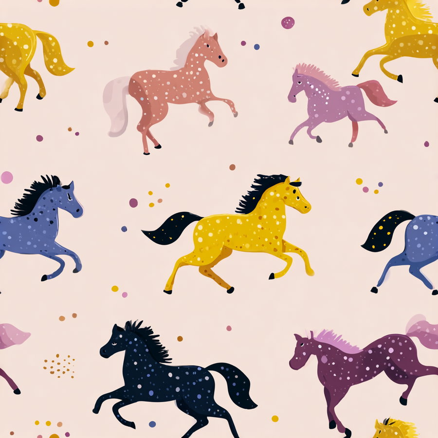 Pattern of multicolored horses running and dotted spots on a pale background