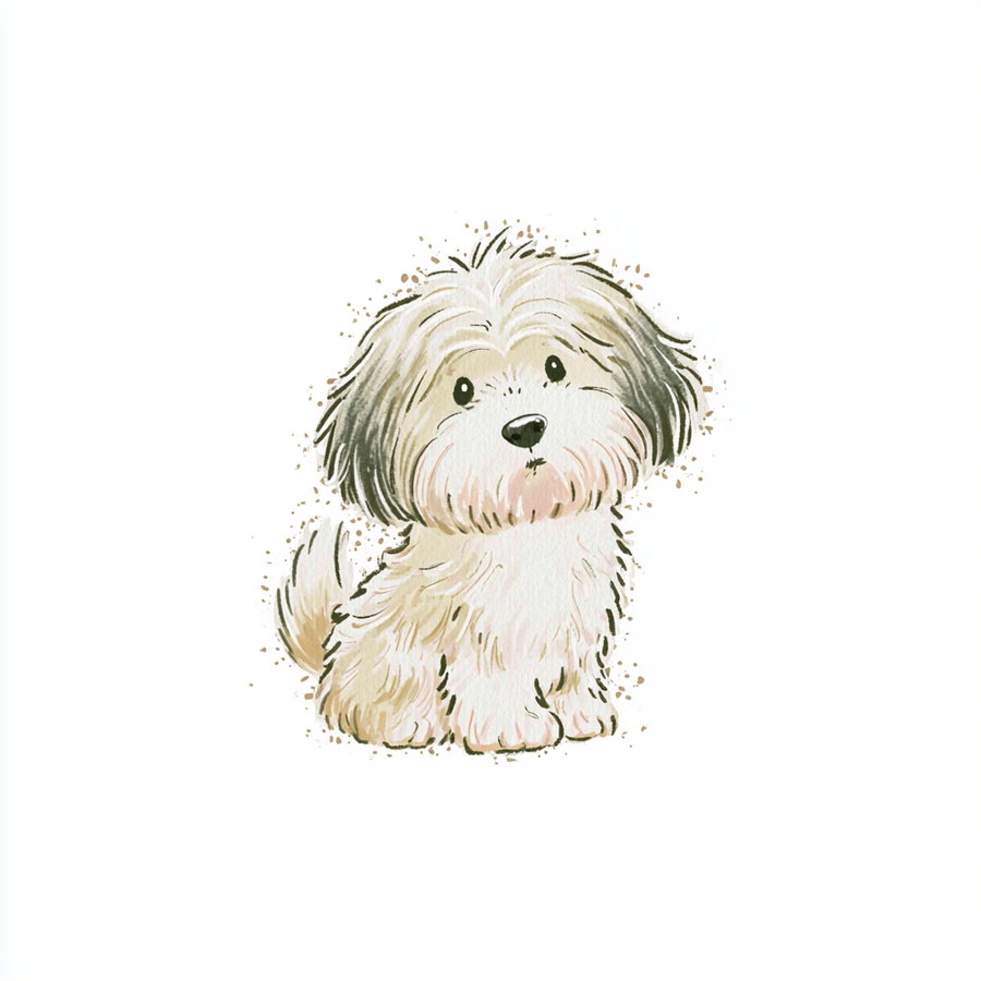 Watercolor style illustration of a small fluffy dog sitting, with beige, white, and dark gray fur on a white background