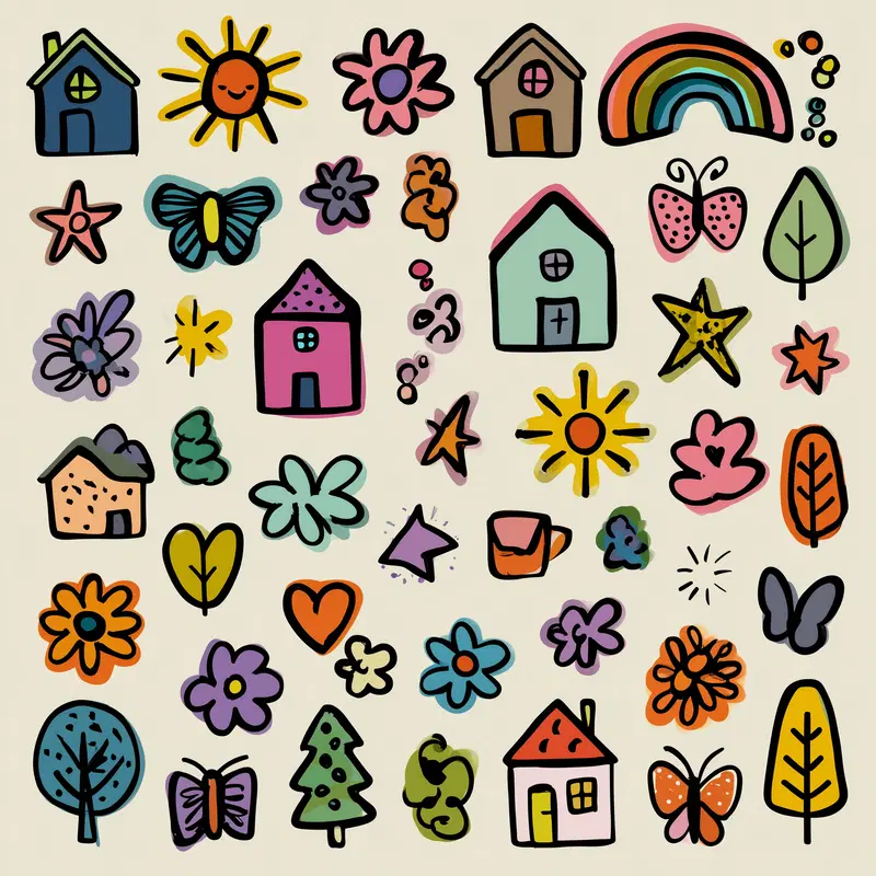 Colorful printable wall art featuring whimsical houses, flowers, and butterflies