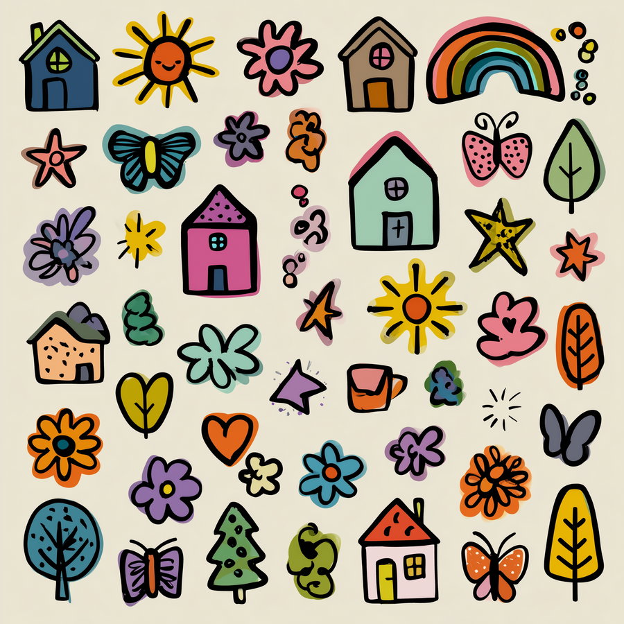 A collection of colorful, playful drawings of small houses, smiling suns, flowers, butterflies, leaves, stars, a rainbow, and other nature-inspired shapes on a beige background