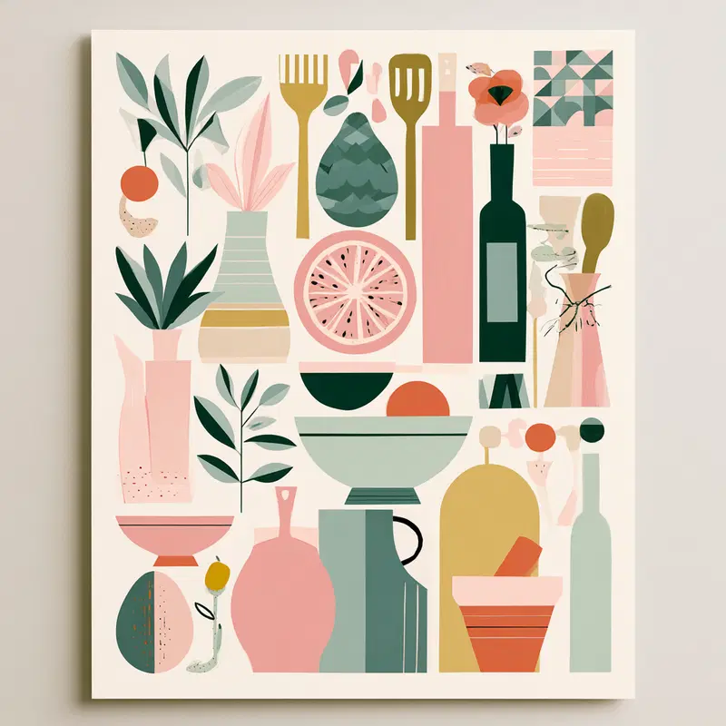 Abstract kitchen and botanical items in soft muted colors artwork