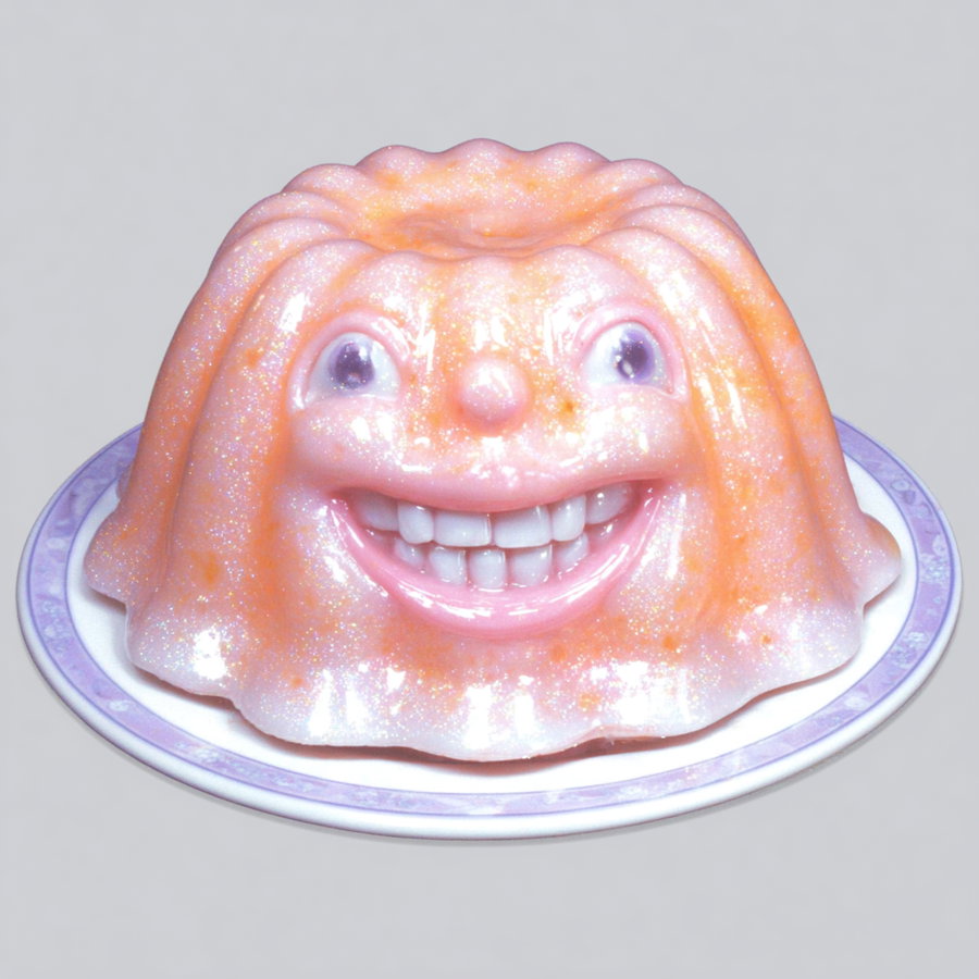 A glittery orange face sculpture with big eyes and a wide smile placed on a white plate with a purple rim, against a plain light gray background.