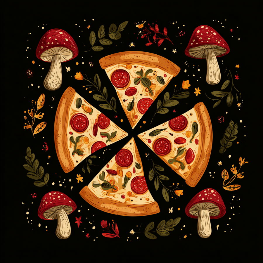 Illustration of four pizza slices arranged in a circle, surrounded by red-capped mushrooms and various leaves and small flowers on a black background