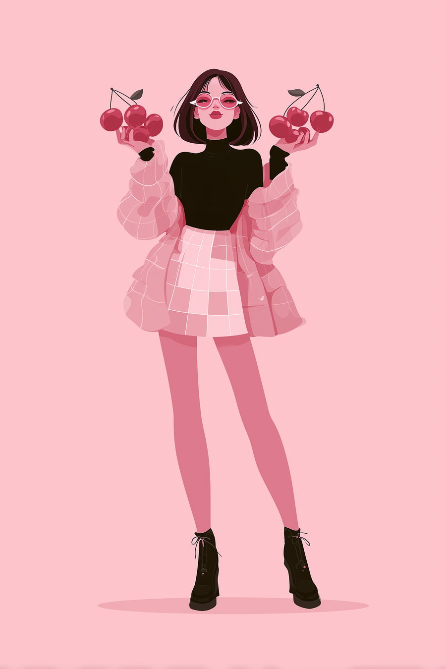 Illustration of a young woman in a black turtleneck, pink plaid skirt, and pink jacket holding cherries in both hands against a solid pink background