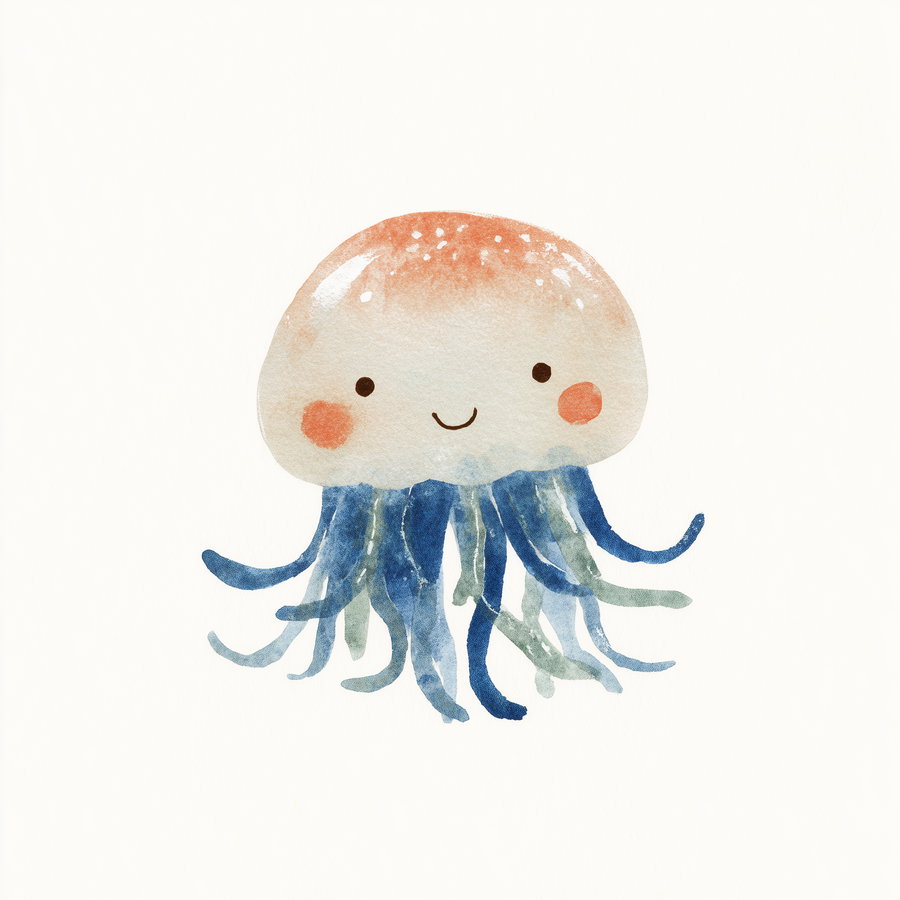 Watercolor painting of a jellyfish with a rounded pinkish-orange cap and blue tentacles, featuring a smiling face with two eyes and rosy cheeks on a white background