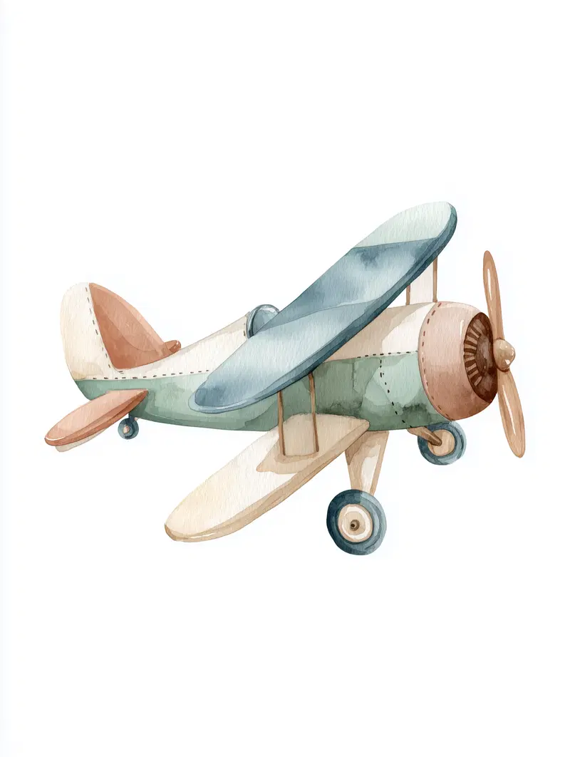 Watercolor Illustration of a Vintage Toy Airplane in Pastel Tones