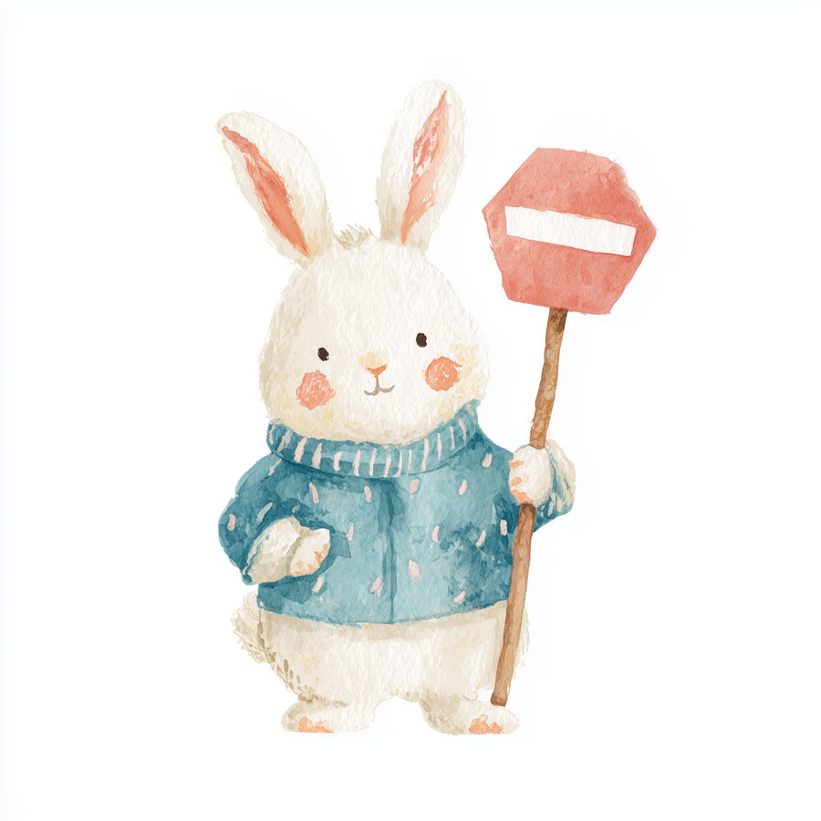 Watercolor painting of a white rabbit wearing a blue sweater and holding a red stop sign