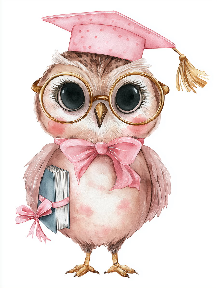 A watercolor painting of a brown owl with large eyes wearing round glasses, a pink graduation cap with a tassel, and a pink bow around its neck, holding a book tied with a pink ribbon
