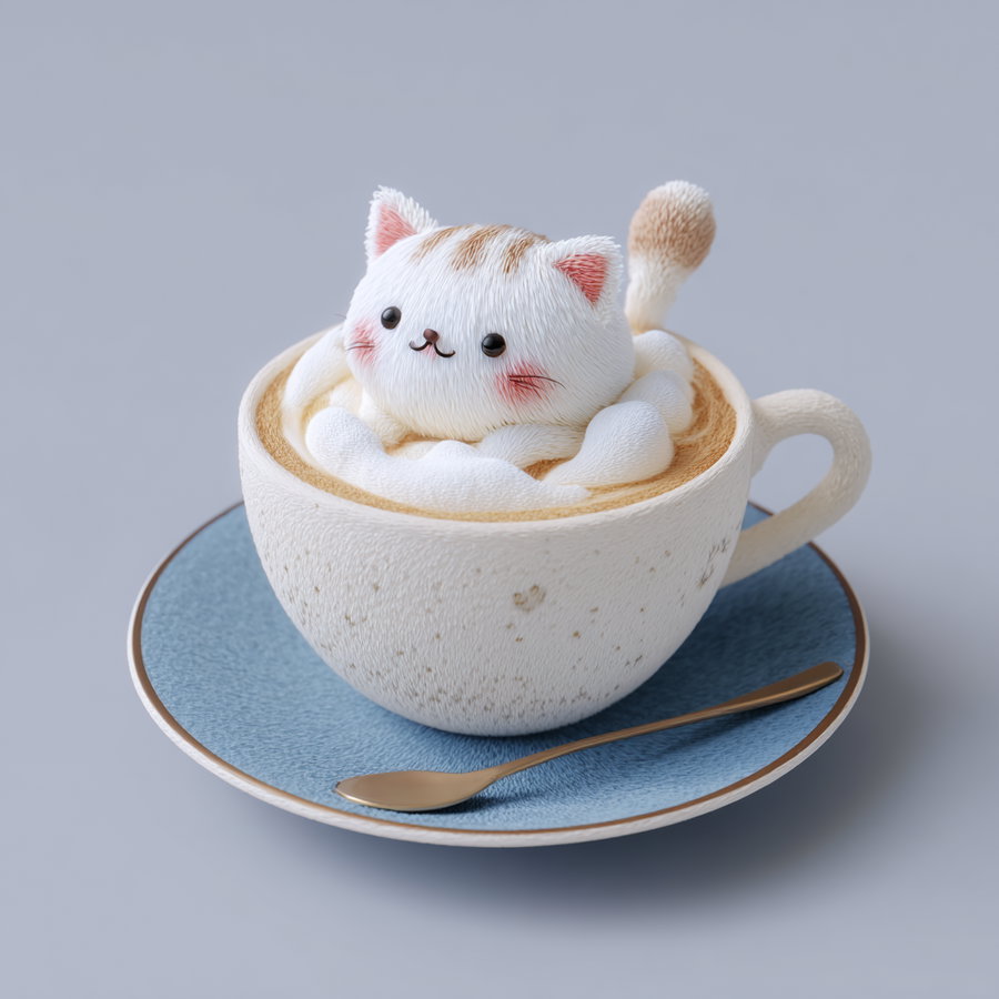 A small white and light brown cat figurine with pink cheeks sitting inside a white coffee cup filled with whipped cream, on a blue saucer with a small golden spoon, against a plain light background.