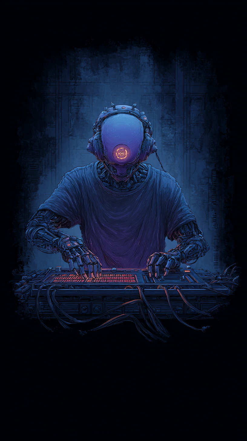 A robot with mechanical arms wearing a loose shirt and large headphones, operating a synthesizer with glowing controls, set against a dark textured background.