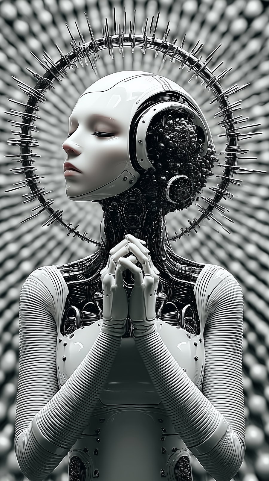 A monochrome digital artwork of a futuristic humanoid robot with closed eyes, clasped hands, and a spiked circular halo behind its head, featuring intricate mechanical details.