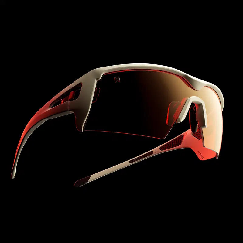 Minimalist artistic photograph of futuristic sporty sunglasses on black background
