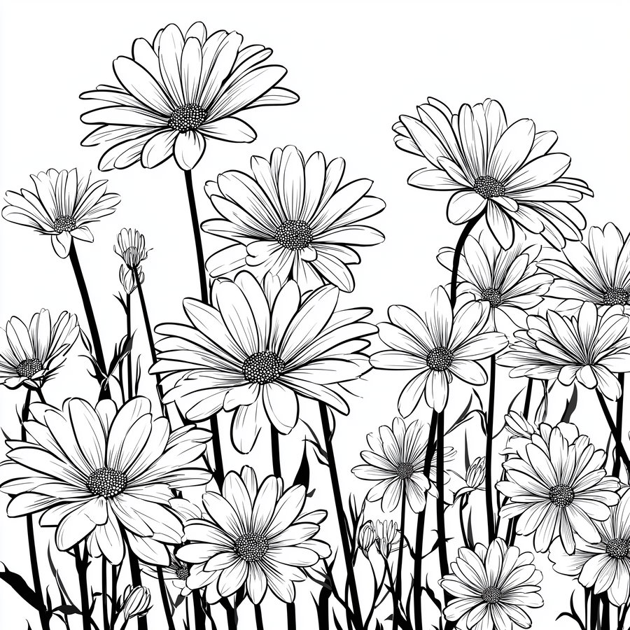 Black and white line art of multiple daisy flowers with detailed petals and stems on a white background