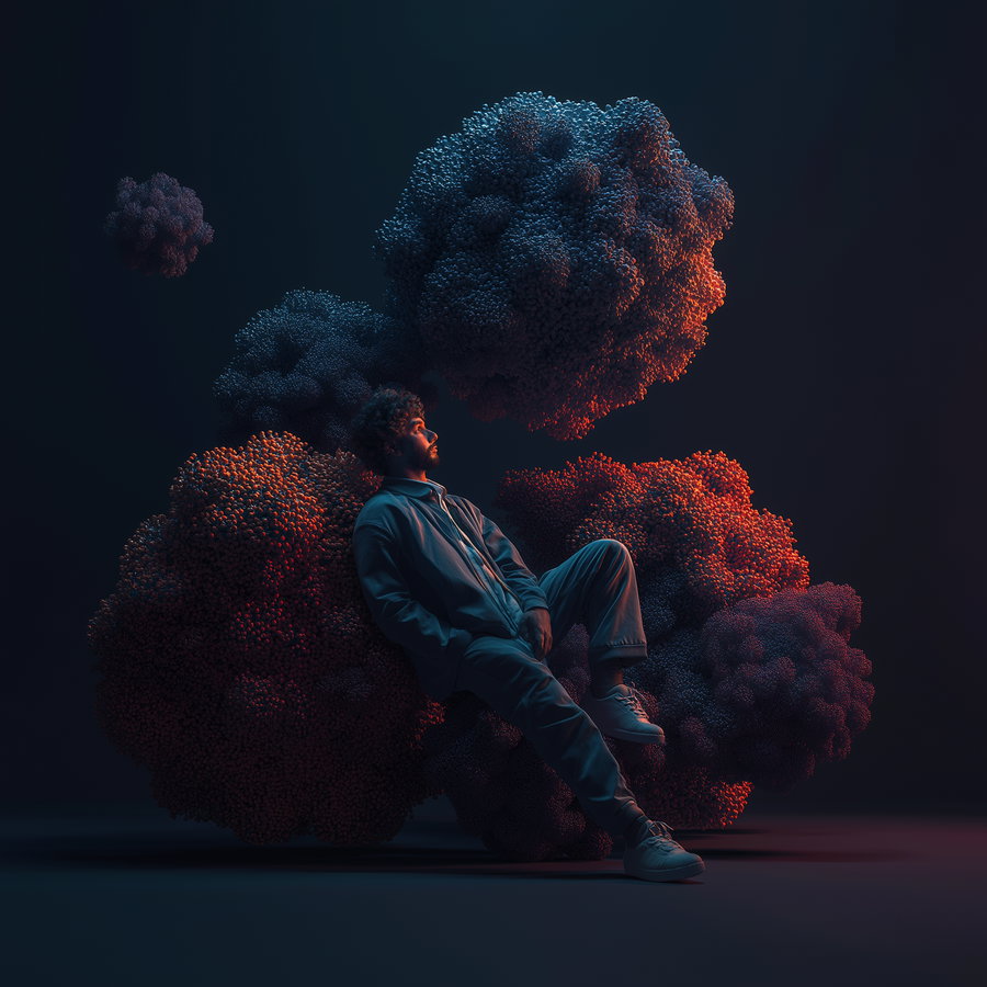 Man in casual clothing sitting and leaning on large abstract textured and illuminated cloud-like sculptures in dark setting