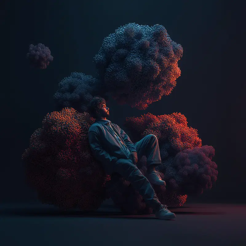 Contemplative man leaning against abstract textured modern art sculpture