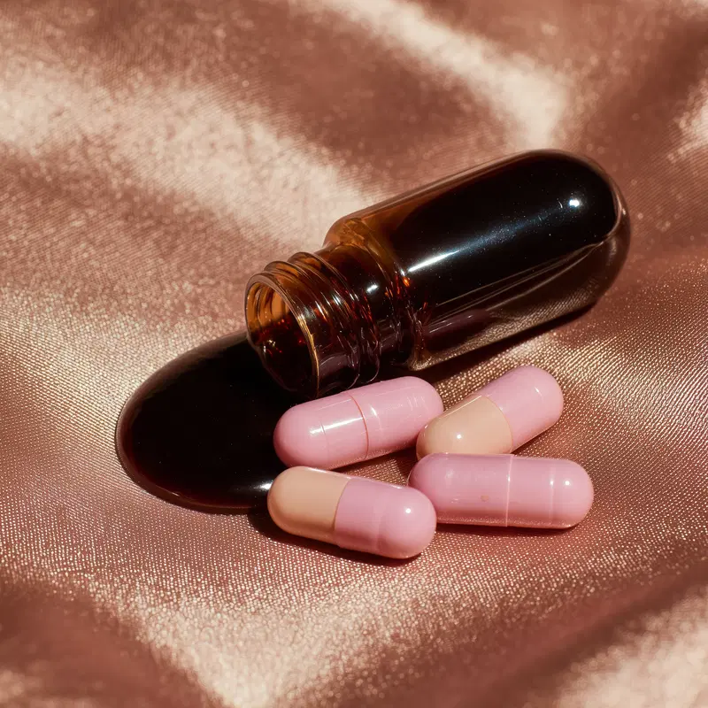 Close-up still life of an amber bottle with spilled liquid and capsules
