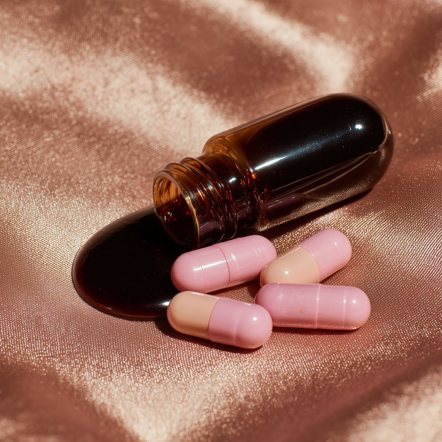 An amber glass bottle lying on its side spilling dark liquid on a shiny peach-colored fabric with pink and peach capsules beside it