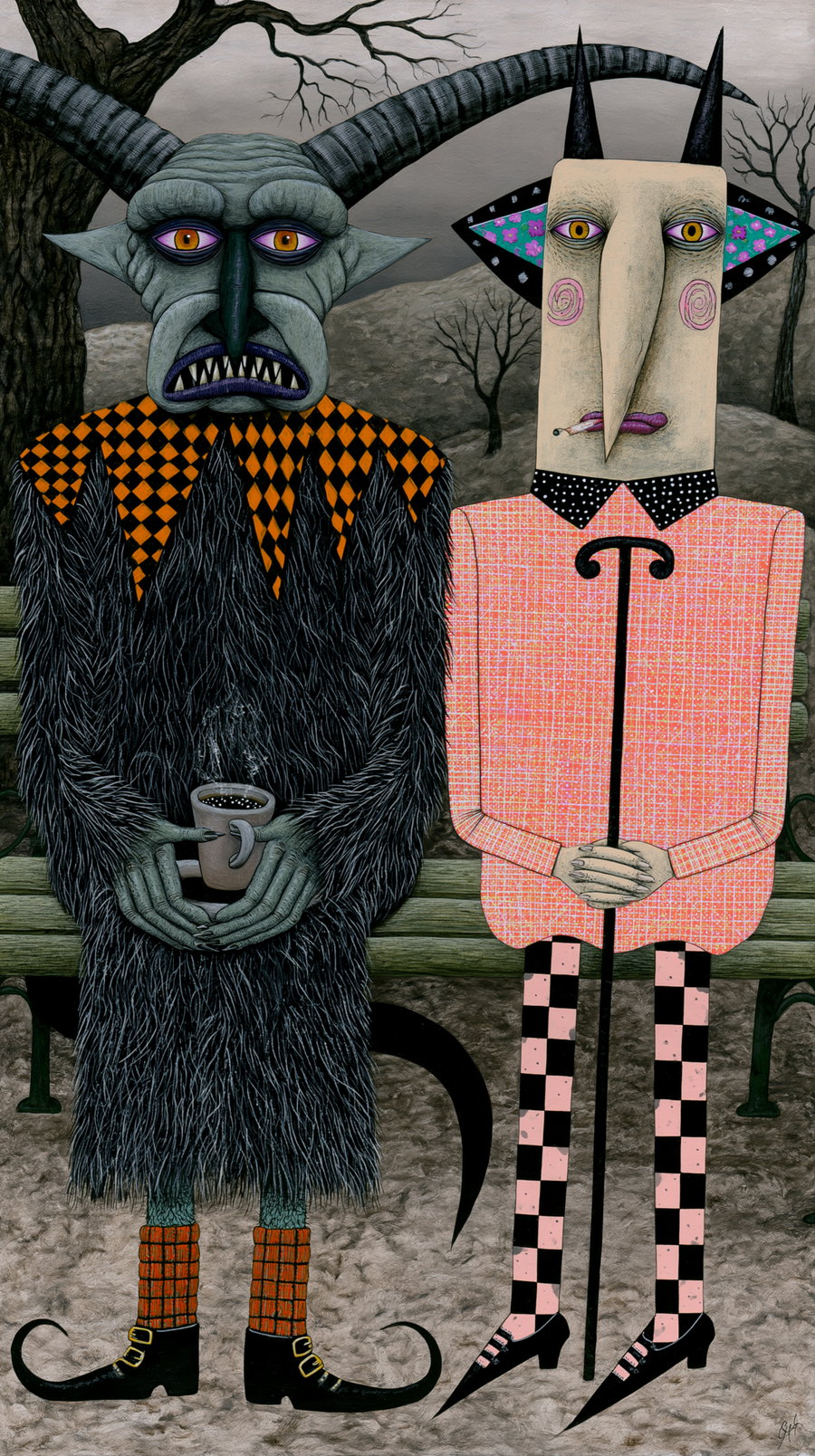 Illustration of two moody horned characters sitting on a park bench in a bleak outdoor setting with leafless trees and muted background