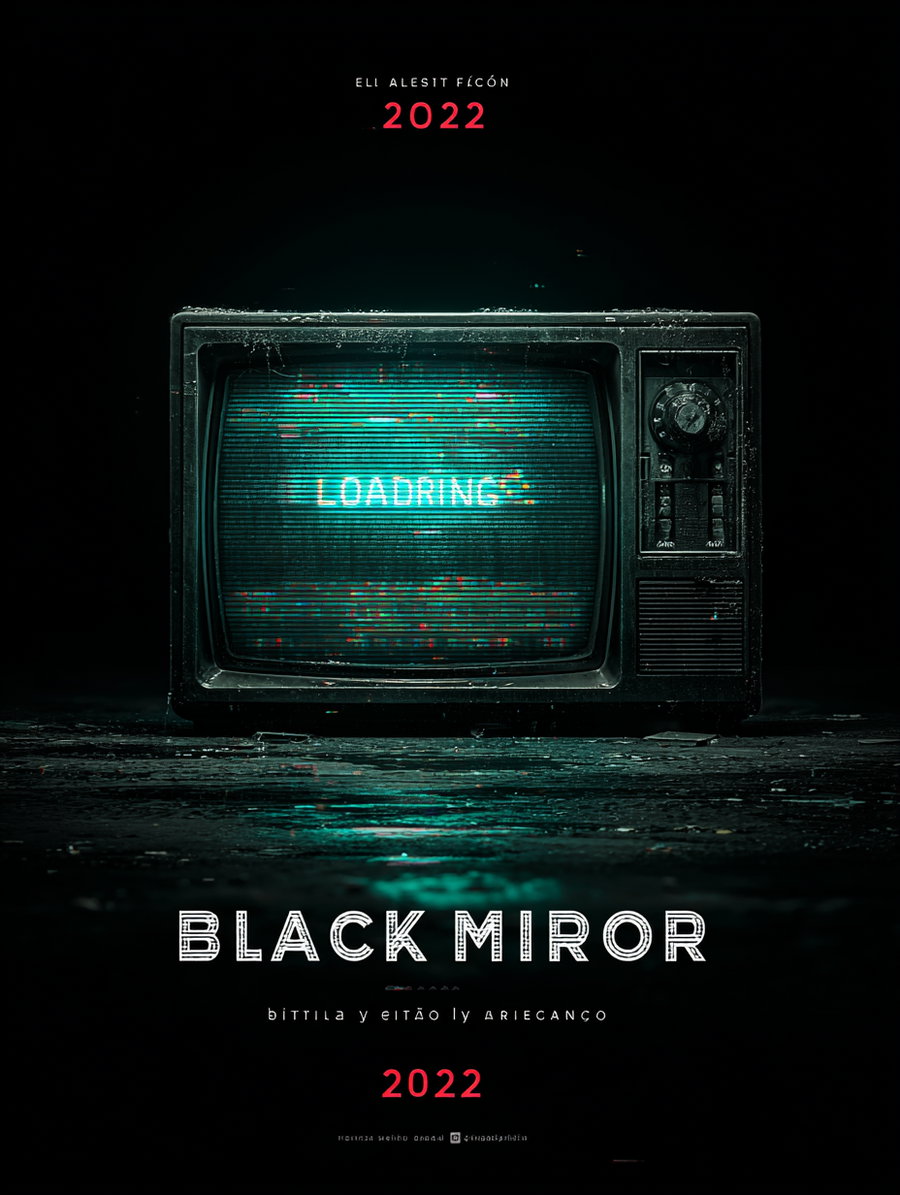 A vintage black television set with a green loading screen displaying the word LOADING, set against a dark background with 'Black Mirror 2022' text above and below the TV.