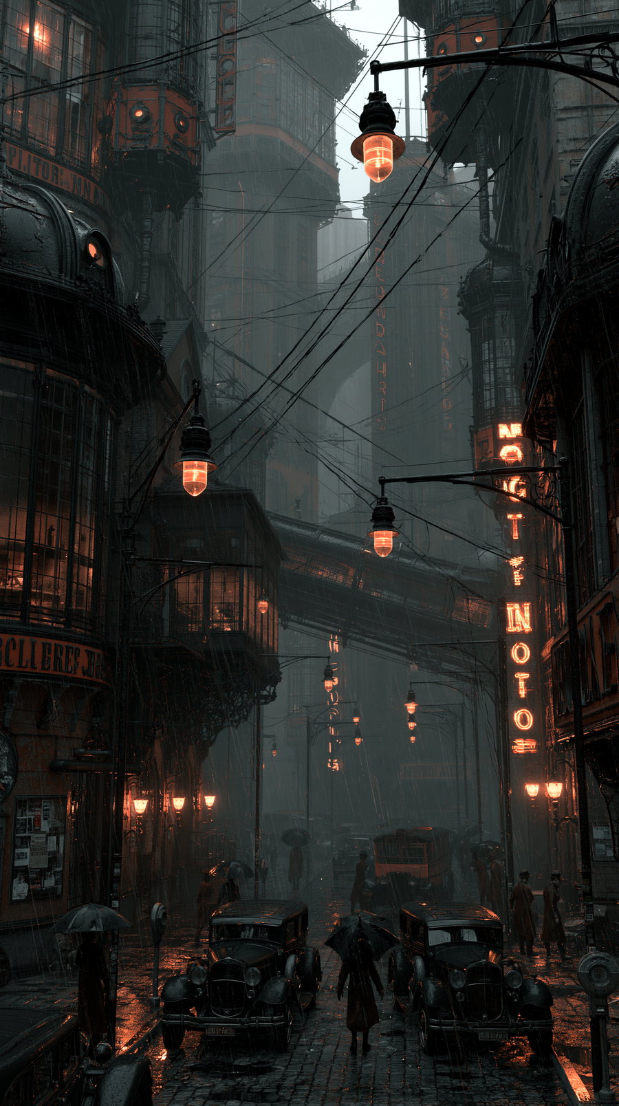 A rainy city street at night with vintage cars, pedestrians holding umbrellas, and orange glowing street and building lights under large buildings and suspended bridges