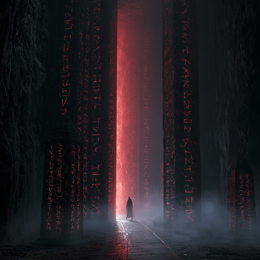 A person standing in a dark cavern surrounded by tall stone pillars inscribed with red glowing runes, with fog and a bright red light in the background