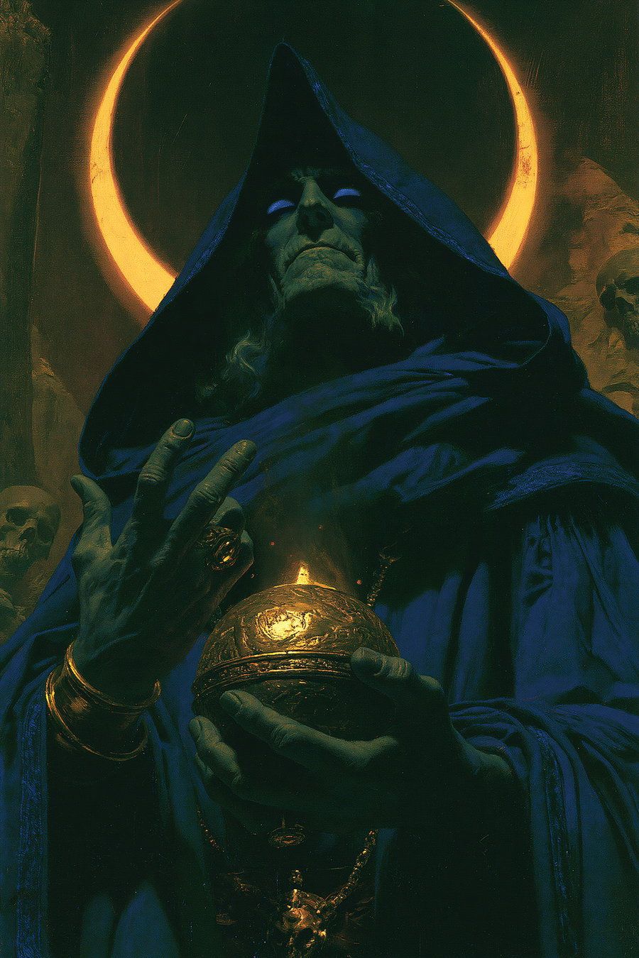 A dark and moody painting of a person in a deep blue hooded cloak holding a glowing golden orb, with a glowing crescent halo behind their head and skulls visible in the background
