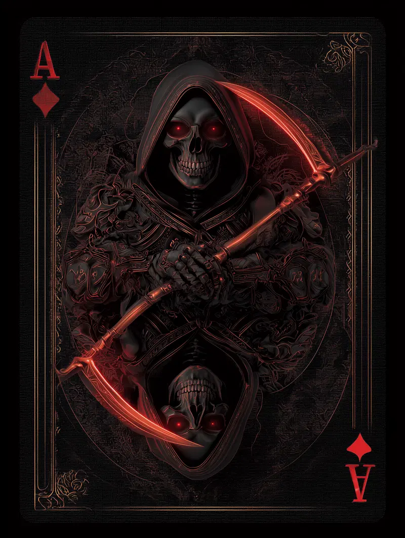 Dark Academia inspired digital art of a grim reaper as Ace of Diamonds