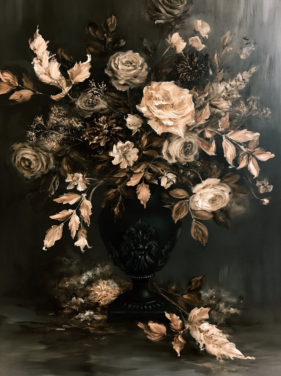 Painting showing a detailed bouquet of flowers with roses and foliage in a black ornamental vase, set against a dark muted backdrop