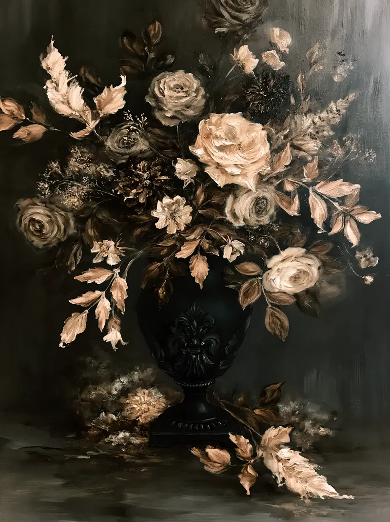 Classic still life painting of flowers in an ornate dark vase on muted background