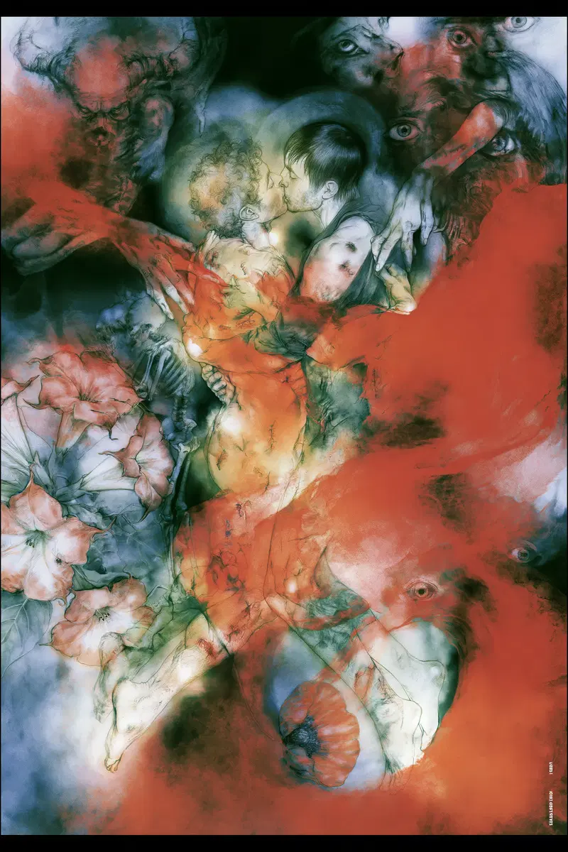 Surreal dark academia inspired art depicting a couple kissing intertwined with floral and mystical elements