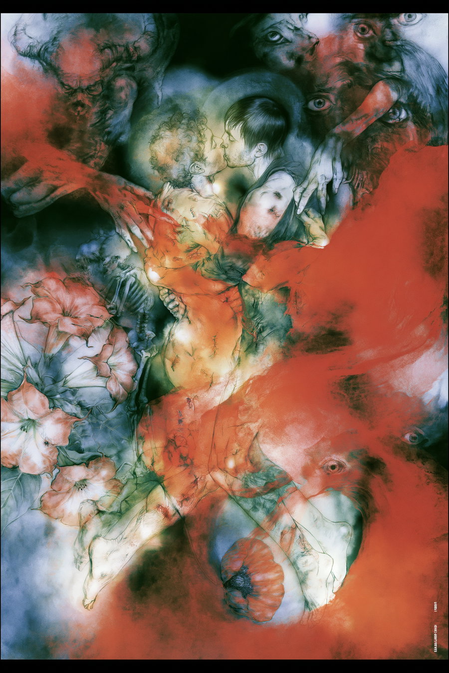 Illustration of two men kissing surrounded by ethereal red and green smoke, flowers, eyes, and a skeletal figure in a dark surreal style