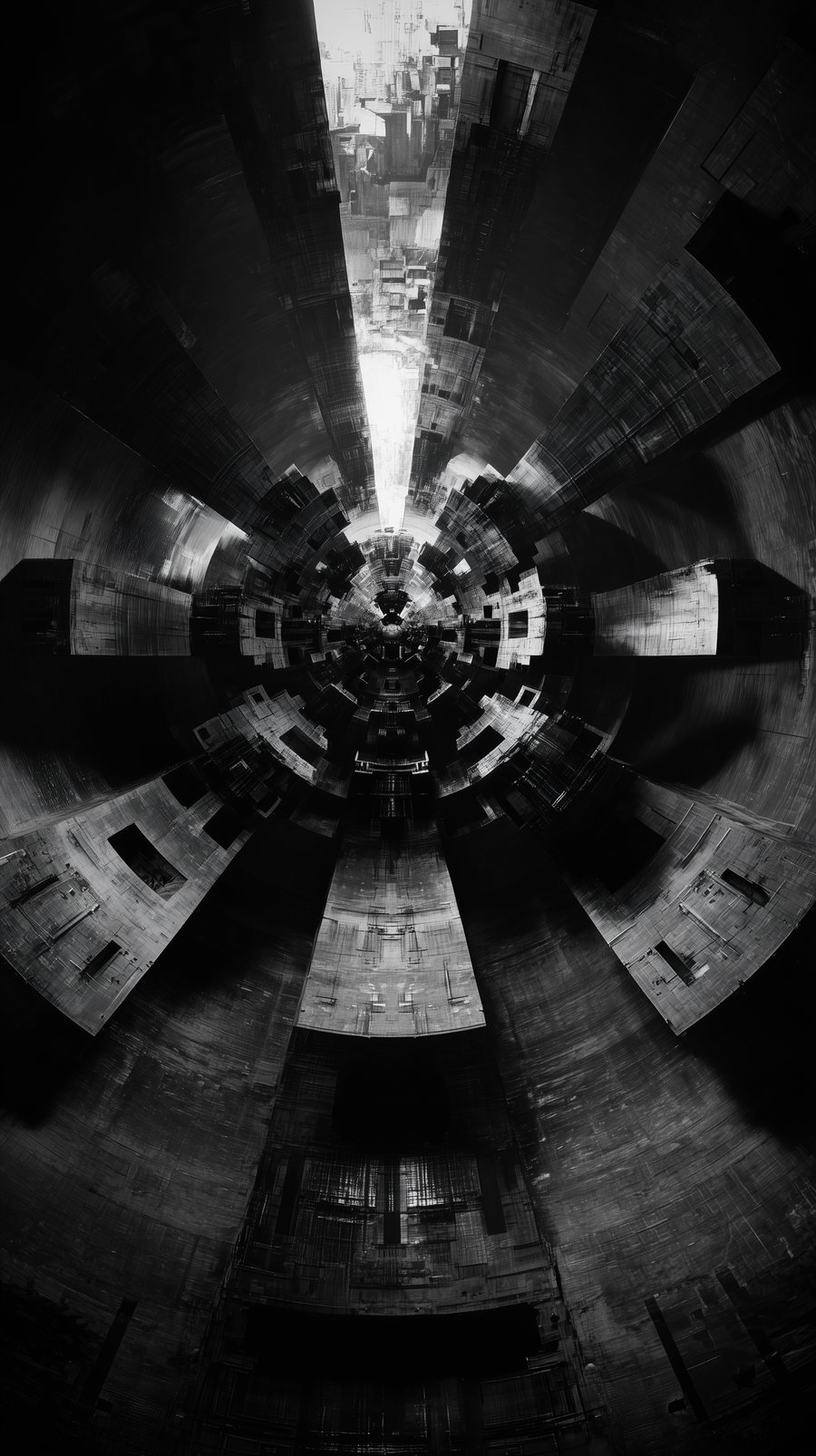 Black and white circular abstract art composed of layered geometric patterns and architectural textures