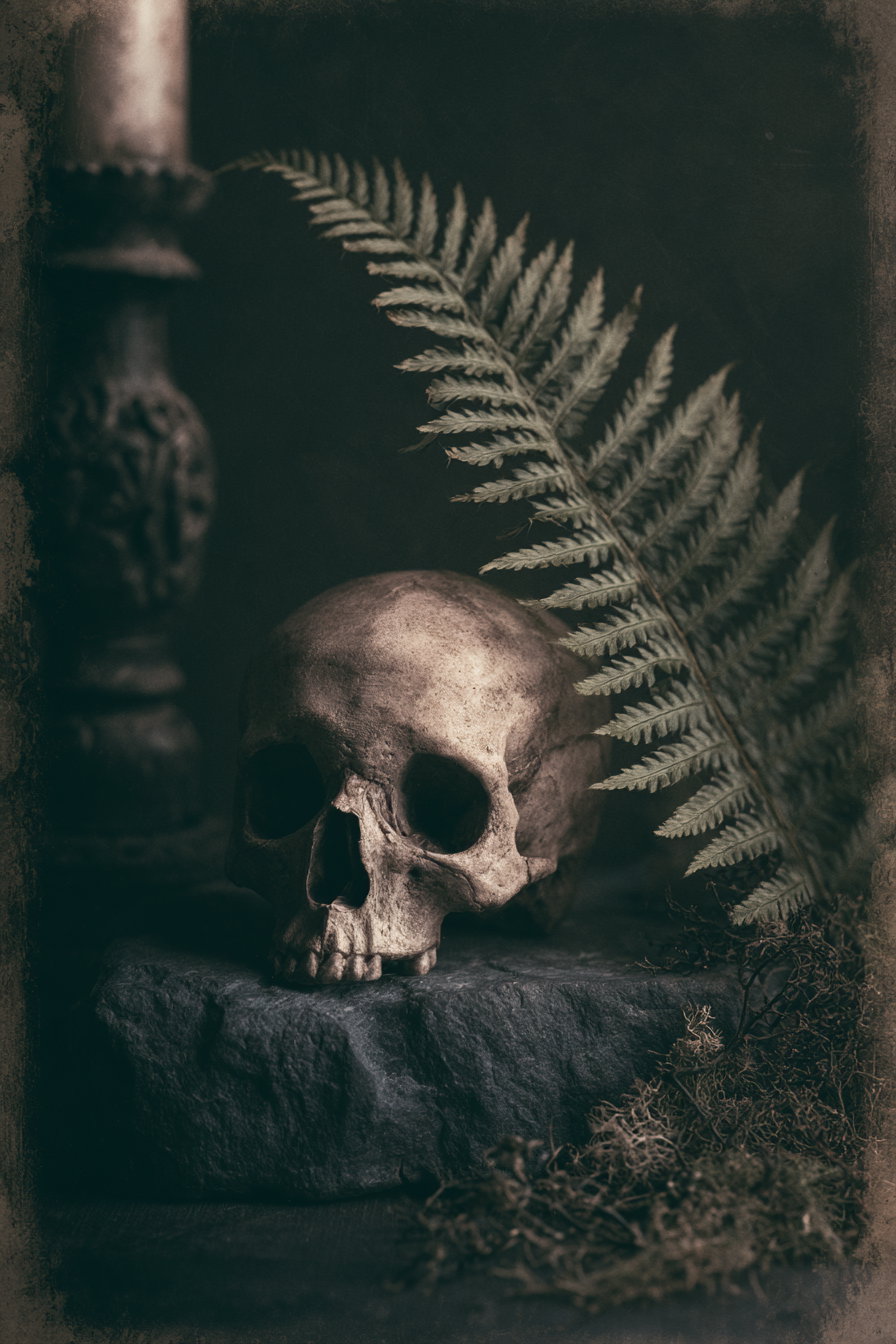 Human skull resting on a stone with a fern leaf positioned behind it and some moss on the surface, in dim, moody light