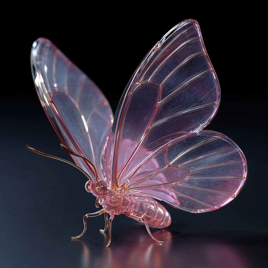 Close-up of a translucent butterfly sculpture with detailed wings and fine antennae on a reflective surface